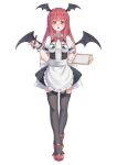  1girl :d absurdres alternate_costume apron bangs bat_wings black_legwear blunt_bangs blush breasts clipboard eyebrows_visible_through_hair full_body garter_straps happy head_wings highres holding holding_clipboard holding_pen koakuma littiecy long_hair looking_at_viewer open_mouth pen puffy_short_sleeves puffy_sleeves red_eyes redhead shirt shoes short_sleeves skirt smile solo thigh-highs touhou waitress wings wrist_cuffs zettai_ryouiki 