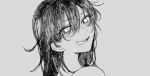  1girl bare_shoulders black_hair blush face head_tilt licking_lips looking_at_viewer looking_back monochrome open_mouth original portrait saliva simple_background sketch solo teeth tongue tongue_out tsu_(lovesick1964) 