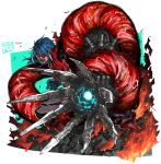  1boy bangs blue_hair cape dated fbc gloves hair_between_eyes jacket k9999 krohnen long_sleeves looking_at_viewer male_focus mechanical_arms open_mouth simple_background snk solo teeth the_king_of_fighters the_king_of_fighters_xv 
