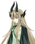  1girl :d arknights bangs black_jacket blonde_hair chinese_commentary commentary_request dragon_horns earrings green_eyes highres horns jacket jewelry jiaruaner long_hair looking_at_viewer official_alternate_costume open_mouth reed_(arknights) reed_(emerald_holiday)_(arknights) shirt simple_background smile solo upper_body very_long_hair white_background white_shirt 