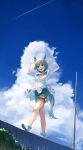  1girl animal_ears arms_behind_back arms_up blue_eyes breasts clouds commentary_request grass highres horse_ears horse_tail legs m.a.y. open_mouth seiun_sky_(umamusume) shoes shorts silver_hair sky small_breasts solo tail umamusume 