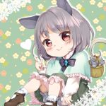  1girl :&gt; animal animal_ears ari_don basket bloomers blush bobby_socks bow capelet chibi dress eyebrows_visible_through_hair floral_background flower grey_hair heart index_finger_raised jewelry long_sleeves looking_at_viewer mouse mouse_ears mouse_tail nazrin outer_glow pendant red_eyes shoes short_hair sitting skirt socks solo tail touhou underwear white_legwear 