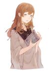  1693193543 1girl absurdres aqua_eyes blush brown_hair crystal final_fantasy final_fantasy_xiv fingernails highres holding light_brown_hair long_hair long_sleeves open_mouth original runes simple_background solo white_background wide_sleeves 