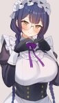  1girl absurdres black_hair blush braid breasts frills glasses gloves heart heart_hands highres large_breasts long_hair long_sleeves maid maid_headdress nijisanji official_alternate_costume ribbon shizuka_rin smile solo twin_braids tyoko_tanuki16 virtual_youtuber yellow_eyes 