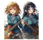  2girls :d :o adjusting_hair aimbek black_hair blonde_hair blue_bow blue_bowtie blue_eyes blush bow bowtie breasts dot_nose green_shirt grey_shirt guitar hands_up huge_breasts instrument instrument_request large_breasts looking_at_viewer looking_to_the_side multiple_girls pleated_skirt shirt skirt smile upper_body yellow_eyes 