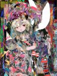  1girl abstract abstract_background american_flag_dress american_flag_legwear anabone bangs blonde_hair clownpiece commentary fairy fairy_wings hat highres jester_cap long_hair moon neck_ruff notice_lines open_mouth polka_dot raised_eyebrows red_eyes solo touhou wings 