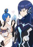  1boy 1girl amanozako_(megami_tensei) androgynous asymmetrical_hair bangs blue_bodysuit blue_hair bodysuit commentary_request crossed_bangs donbee937 eyelashes floating full_body heart high_five highres japanese_clothes long_hair looking_at_another protagonist_(smtv) sandals shin_megami_tensei shin_megami_tensei_v shiny shiny_hair short_hair simple_background upper_body white_background wings yellow_eyes 
