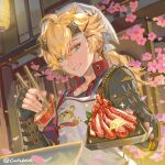  1boy apron artist_name bishounen blonde_hair cherry_blossoms chopsticks cwilocky fake_horns food genshin_impact green_eyes horned_headwear horns japanese_clothes looking_at_viewer male_focus outdoors plate ponytail short_hair smile solo taroumaru_(genshin_impact) thoma_(genshin_impact) upper_body 