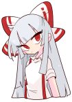  1girl bangs blush bow breasts closed_mouth collared_shirt commentary_request eyebrows_visible_through_hair eyelashes eyes_visible_through_hair fujiwara_no_mokou grey_hair highres long_hair looking_to_the_side medium_breasts multicolored_bow op_na_yarou red_bow red_eyes shirt short_sleeves sidelocks simple_background solo touhou upper_body white_background white_bow white_shirt 