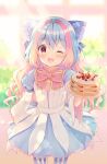  1girl ;d bangs blue_dress blue_hair blurry blurry_background blush bow cake commentary_request depth_of_field dress eyebrows_visible_through_hair food fruit gloves hair_between_eyes highres holding holding_plate kuroe_(sugarberry) layered_sleeves little_alice_(wonderland_wars) long_sleeves multicolored_hair one_eye_closed pantyhose pink_bow pink_hair plate puffy_short_sleeves puffy_sleeves red_eyes short_over_long_sleeves short_sleeves sleeves_past_wrists smile solo standing strawberry striped striped_gloves striped_legwear two-tone_hair vertical-striped_legwear vertical_stripes wide_sleeves wonderland_wars 