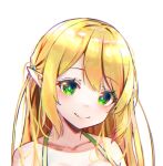  1girl bare_shoulders blonde_hair chinese_commentary closed_mouth collarbone commentary_request green_eyes hair_bobbles hair_ornament halterneck han_(hehuihuihui) long_hair looking_at_viewer original pointy_ears simple_background smile solo upper_body white_background 