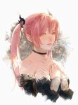  1693193543 1girl absurdres bare_shoulders black_choker choker closed_mouth collarbone fantasy floral_background flower hair_between_eyes highres long_hair looking_at_viewer off_shoulder original pink_eyes pink_hair pink_lips solo twintails upper_body 