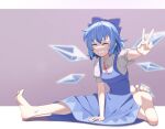  1girl barefoot blue_bow blue_dress blue_hair blue_headwear bow cirno collared_shirt dress esthoric hair_bow highres ice ice_wings long_dress pinafore_dress puffy_short_sleeves puffy_sleeves purple_background red_ribbon ribbon shirt short_hair short_sleeves smile teeth touhou v white_shirt wings 