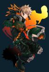  1boy bakugou_katsuki black_bodysuit black_mask blonde_hair blue_background bodysuit boku_no_hero_academia boots cai_(caiirocai) closed_mouth commentary_request eye_mask frown gloves green_belt green_footwear green_gloves knee_pads looking_at_viewer male_focus multicolored_clothes multicolored_gloves orange_gloves red_eyes short_hair simple_background solo spiky_hair torn_mask 