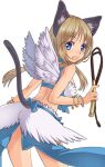  1girl alternate_color animal_ear_fluff animal_ears back bangle bangs blonde_hair blue_background blue_eyes blush bow bracelet breasts cat_ears cat_tail commentary_request cowboy_shot eyebrows_visible_through_hair feathered_wings holding holding_whip jewelry kawagoe_pochi large_bow large_breasts long_hair looking_at_viewer looking_back open_mouth ragnarok_online simple_background smile solo tail twintails wanderer_(ragnarok_online) whip white_background white_wings wings 