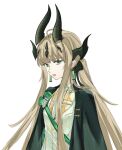  1girl :d arknights bangs black_bow black_jacket blonde_hair bow chinese_commentary commentary_request dragon_horns earrings green_eyes hair_bow highres horns jacket jewelry jiaruaner long_hair looking_at_viewer low_ponytail official_alternate_costume open_mouth reed_(arknights) reed_(emerald_holiday)_(arknights) shirt simple_background smile solo upper_body very_long_hair white_background white_shirt 