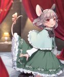  1girl :d alternate_hairstyle animal_ears ari_don bangs blurry blush bow braid capelet curtains depth_of_field dress embellished_costume eyebrows_visible_through_hair french_braid frills grey_hair hair_intakes highres indoors jewelry lamp long_sleeves looking_at_viewer mouse_ears mouse_tail nazrin parted_lips petticoat pillow red_eyes ribbon short_hair smile solo tail tail_bow tail_ornament tail_ribbon touhou 