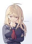  1girl ahoge akamatsu_kaede arms_under_breasts bangs black_sailor_collar black_serafuku blonde_hair breasts collarbone crossed_arms danganronpa_(series) danganronpa_v3:_killing_harmony ewa_(seraphhuiyu) grey_background highres large_breasts long_hair long_sleeves neckerchief official_alternate_costume parted_lips red_neckerchief sailor_collar school_uniform serafuku shiny shiny_hair simple_background solo teeth upper_body 