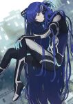  1boy androgynous arm_behind_head arm_up bangs blue_bodysuit blue_hair blurry blurry_background bodysuit closed_mouth donbee937 eyelashes foot_out_of_frame full_body hand_on_own_knee head_tilt highres invisible_chair legs long_hair male_focus protagonist_(smtv) shadow shin_megami_tensei shin_megami_tensei_v shiny shiny_hair sitting very_long_hair yellow_eyes 
