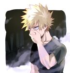  1boy bakugou_katsuki black_shirt blonde_hair boku_no_hero_academia border cai_(caiirocai) collarbone commentary_request covering_mouth forest hand_over_own_mouth male_focus nature outdoors outside_border red_eyes shirt short_hair short_sleeves solo spiky_hair tree white_border 