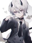  1boy androgynous collar demon demon_boy demon_horns demon_tail formal gloves half_gloves highres horns long_sleeves looking_at_viewer male_focus namiki_itsuki original pointy_ears silver_hair smile solo suit tail vest violet_eyes white_background 