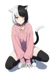 1girl absurdres animal_ear_fluff animal_ears bangs bell between_legs black_choker black_footwear black_hair black_legwear blush cat_ears cat_girl cat_tail choker closed_mouth copyright_request drawstring eyebrows_behind_hair full_body hand_between_legs highres hood hood_down hoodie jingle_bell long_sleeves looking_at_viewer multicolored_hair neck_bell pink_hoodie puffy_long_sleeves puffy_sleeves shadow shoes silver_hair sleeves_past_wrists solo spread_legs squatting syhan tail thigh-highs two-tone_hair virtual_youtuber white_background 