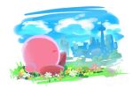  blue_sky city closed_eyes clouds cloudy_sky commentary_request day flower goyain highres kirby kirby_(series) kirby_and_the_forgotten_land on_grass outdoors pink_flower profile sitting sky solo tower white_flower 