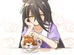  2girls =_= agnes_tachyon_(umamusume) ahoge animal_ears black_hair blush blush_stickers brown_hair closed_mouth collarbone cup earrings hair_between_eyes highres horse_ears jewelry long_hair looking_at_another manhattan_cafe_(umamusume) minigirl multiple_girls puffy_short_sleeves puffy_sleeves punto purple_shirt sailor_collar saucer school_uniform shirt short_sleeves single_earring smile split_mouth table teacup tracen_school_uniform umamusume yellow_eyes 