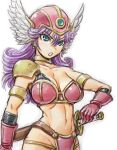  1girl amania_orz armor bikini_armor breasts choker dragon_quest dragon_quest_iii elbow_gloves gloves helmet jewelry large_breasts long_hair looking_at_viewer navel purple_hair red_armor simple_background soldier_(dq3) solo sword weapon white_background winged_helmet 
