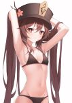  1girl absurdres armpits arms_behind_head arms_up bangs bikini black_bikini black_headwear blush breasts brown_hair closed_mouth danyo_(chung0226) eyebrows_visible_through_hair flower flower-shaped_pupils genshin_impact hair_between_eyes hat hat_flower highres hu_tao_(genshin_impact) long_hair looking_at_viewer navel simple_background small_breasts solo stomach swimsuit symbol-shaped_pupils upper_body very_long_hair white_background 