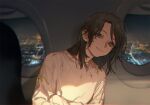  1girl airplane_interior bangs black_hair blurry city_lights closed_mouth crossed_arms depth_of_field gold_trim leaning_to_the_side long_sleeves looking_at_viewer medium_hair night parted_bangs shade shirt smile solo sun_jing tamen_de_gushi tanjiu upper_body white_shirt window 