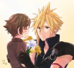  2boys arm_ribbon armor asymmetrical_hair black_gloves black_shirt blonde_hair blue_eyes bouquet brown_hair brown_shirt child closed_eyes cloud_strife denzel earrings final_fantasy final_fantasy_vii final_fantasy_vii_advent_children flower gloves hands_on_another&#039;s_shoulders high_collar holding holding_bouquet jewelry krudears multiple_boys open_collar ribbon shirt short_hair shoulder_armor single_earring spiky_hair suspenders upper_body wavy_hair white_flower yellow_background yellow_flower 