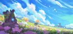  1boy 1girl absurdres bird blonde_hair blue_sky blue_tunic boots clouds dress field fingerless_gloves flower gloves good_end grass guardian_(breath_of_the_wild) happy highres link meadow mountainous_horizon o_hezzy open_mouth princess_zelda running scenery sky smile strapless strapless_dress the_legend_of_zelda the_legend_of_zelda:_breath_of_the_wild weapon weapon_on_back white_dress 