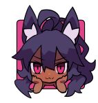  &gt;:) 1girl :3 absurdres ahoge animal_ears bangs border brown_kemomimi-chan_(krr) chibi closed_mouth commentary_request dark-skinned_female dark_skin dungeon_and_fighter eyebrows_visible_through_hair face highres korean_commentary long_hair looking_at_viewer original outside_border pink_background purple_hair rtari sidelocks simple_background smile solo upper_body v-shaped_eyebrows violet_eyes white_border 