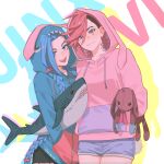  2girls :d alternate_costume animal_ears bangs black_shorts blue_eyes blue_shorts braid character_name fake_animal_ears fake_tail hair_ornament hair_scrunchie highres holding holding_stuffed_toy hood hoodie jinx_(league_of_legends) league_of_legends looking_at_viewer multiple_girls neck_tattoo noriuma open_mouth pink_hair pink_hoodie rabbit_ears red_scrunchie scrunchie sharp_teeth shiny shiny_hair shorts siblings sisters smile stuffed_animal stuffed_bunny stuffed_shark stuffed_toy tail tattoo teeth twin_braids upper_teeth vi_(league_of_legends) 