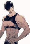  1boy abs bangs black_hair commentary_request fushiguro_touji fushirun_rung green_eyes hair_over_one_eye head_tilt highres jujutsu_kaisen looking_at_viewer male_focus mature_male muscular muscular_male nipples pants pectorals scar scar_on_face scar_on_mouth short_hair simple_background solo veins white_background 