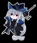  1girl absurdly_long_hair arknights bangs black_background black_headwear black_jacket black_legwear black_shirt blush chibi closed_mouth clothing_cutout commentary_request dexiatomo eyebrows_visible_through_hair full_body grey_hair hair_between_eyes hat highres jacket long_hair looking_at_viewer no_shoes outline pantyhose red_eyes shirt skadi_(arknights) sleeveless sleeveless_shirt solo thigh_cutout very_long_hair white_outline 
