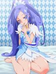  1girl argyle argyle_background barefoot blue_background blue_dress blue_eyes blue_hair blush bracelet breasts brooch choker collarbone crystal_earrings cure_diamond dokidoki!_precure dress earrings forehead hand_to_own_mouth hishikawa_rikka jewelry lips looking_at_viewer on_bed open_mouth ponytail precure puffy_sleeves sash sitting sitting_on_bed small_breasts smile thighs tiara tj-type1 yellow_choker 