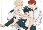  3boys artist_name bakugou_katsuki blonde_hair blue_eyes boku_no_hero_academia burn_scar carrying closed_mouth collared_shirt commentary_request english_commentary eye_contact freckles green_eyes green_hair green_pants hand_on_another&#039;s_chest hand_on_another&#039;s_head hand_on_another&#039;s_leg looking_at_another male_focus mantos_no.7 midoriya_izuku mixed-language_commentary multiple_boys necktie open_mouth pants red_eyes red_necktie redhead scar scar_across_eye scar_on_face school_uniform shirt shirt_grab shirt_tucked_in short_hair short_sleeves simple_background socks spiky_hair standing sweat thai_commentary todoroki_shouto u.a._school_uniform watermark white_background white_shirt yellow_legwear 