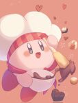  absurdres ascot blue_eyes blush bowl candy chef_hat chocolate commentary dessert food hat heart heart-shaped_chocolate highres holding holding_bowl holding_spatula kirby kirby_(series) mixing_bowl no_humans open_mouth pudding simple_background solo spatula star_(symbol) vul3hl0smteyk1z 