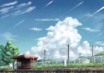  absurdres bench blue_sky building clouds commentary_request cumulonimbus_cloud day fence grass highres house original outdoors power_lines scenery sign sky summer train_station utility_pole yakaming 
