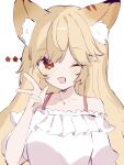  1girl animal_ear_fluff animal_ears bangs blonde_hair cat_ears cat_girl collarbone commission english_commentary eyebrows_visible_through_hair frilled_shirt frills indie_virtual_youtuber kitanya_nyanta looking_to_the_side off-shoulder_shirt off_shoulder one_eye_closed portrait potowari red_eyes second-party_source shirt skeb_commission smile solo v virtual_youtuber white_background white_shirt 