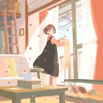  1girl bangs black_dress brown_hair couch curtains dress highres indoors inoue_haruka_(haruharu210) ladder leaf open_mouth original pink_shirt shirt short_hair solo stuffed_animal stuffed_toy table teddy_bear tissue_box turtle wide_shot wind 