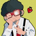  1boy afro black_hair earrings facial_hair franky_franklin glasses hand_up heart highres jewelry long_sleeves male_focus one_eye_closed ouka_(gegege_853suki) red-framed_eyewear shirt sideburns solo spy_x_family stubble suspenders upper_body white_shirt yellow_background 