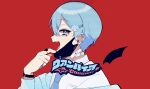  1boy bandages bandaid blue_eyes blue_hair colon_(stpri) ear_piercing facing_to_the_side fangs highres hosizora_(sparetime) jewelry looking_at_viewer male_focus mask mouth_mask piercing red_background ring short_hair solo vampire vampire_(vocaloid) 
