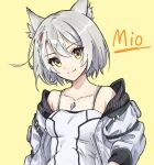  1girl animal_ears breasts camisole cat_ears cat_girl chest_jewel jacket mio_(xenoblade) shoulder_strap small_breasts solo tank_top white_camisole white_hair white_jacket white_tank_top xenoblade_chronicles_(series) xenoblade_chronicles_3 yamushinhan yellow_background 
