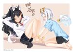  2girls amane_kanata angel angel_wings animal_ears bare_legs barefoot black_hair blue_hair casino_(casinoep) colored_inner_hair feet flipped_hair gradient gradient_wings grey_hair hair_ornament hairclip halo hololive long_hair low_ponytail mini_wings multicolored_hair multicolored_wings multiple_girls ookami_mio ponytail redhead short_hair silver_hair sit-up soles spiky_hair streaked_hair tail very_long_hair violet_eyes virtual_youtuber wings wolf_ears wolf_girl wolf_tail 