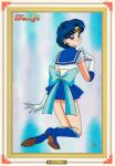  1990s_(style) 1girl back_bow bangs bishoujo_senshi_sailor_moon blonde_hair blue_bow blue_eyes blue_footwear blue_sailor_collar blue_skirt boots bow elbow_gloves eyebrows_visible_through_hair full_body gloves high_heels highres knee_boots kneeling leotard logo looking_at_viewer looking_back magical_girl miniskirt mizuno_ami non-web_source official_art pleated_skirt retro_artstyle sailor_collar sailor_mercury sailor_senshi sailor_senshi_uniform skirt smile solo tiara 