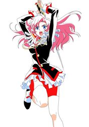  1girl absurdres arms_up blue_eyes foot_out_of_frame highres izumi_seguchi long_hair long_sleeves open_mouth pink_hair red_legwear red_shorts shoes shorts shoujo_kakumei_utena simple_background socks solo tenjou_utena white_background 