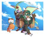  +_+ belt belt_buckle border brown_bag brown_gloves buckle buttons closed_eyes closed_mouth clothed_pokemon clouds commentary_request decidueye fingerless_gloves flygon gloves goggles goggles_on_head green_jacket green_pants highres jacket no_humans one_eye_closed pants pants_tucked_in pkpokopoko3 pokemon pokemon_(creature) rowlet sky smile strap trapinch wavy_mouth white_border 